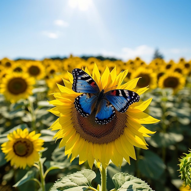 Un gran girasol con una mariposa encima.