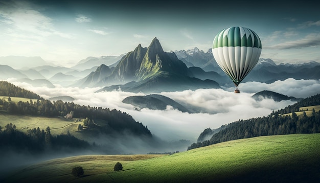 Gran globo sobre montañas de hierba verde espesa niebla blanca matutina