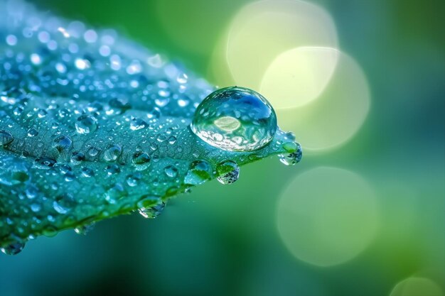 Gran gota de agua refleja el entorno Fotografía de primavera de la naturaleza Gotas de lluvia en hojas de plantas Imagen de fondo en tonos turquesa y verde con bokeh generativo ai