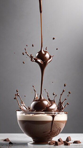 Foto gran gota de chocolate líquido en un tazón de vidrio lleno de crema y chocolate