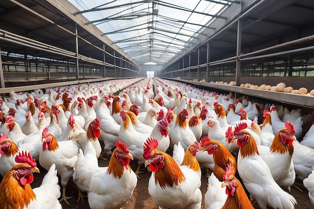 Una gran granja avícola con pollos y gallos Producción de carne y huevos Agricultura Avicultura Negocio industrial