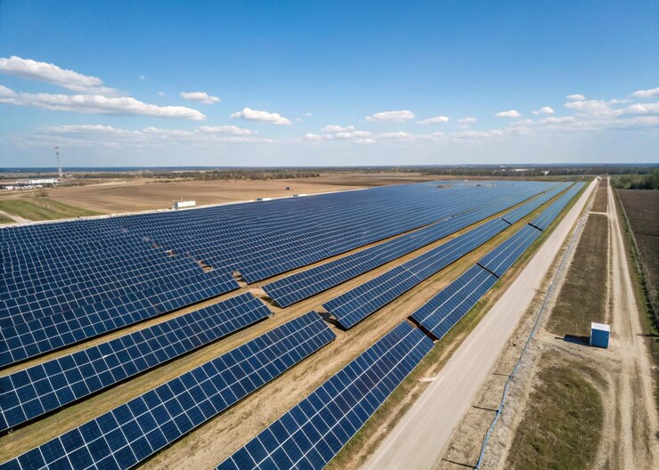 Gran granja de paneles solares con el cielo azul