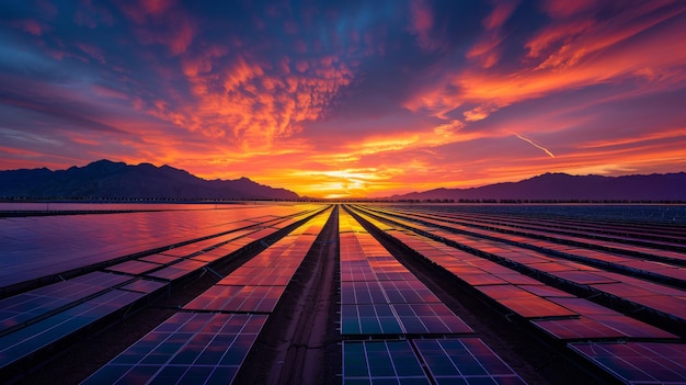 Gran granja solar en la puesta del sol