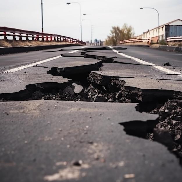 Gran grieta ancha en el asfalto de la carretera primer plano del desastre del terremoto