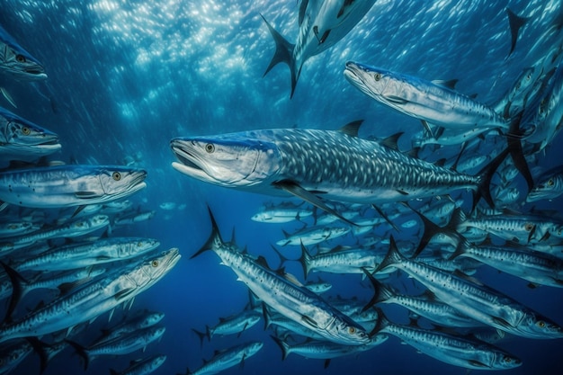 Un gran grupo de atún azul nadando en el océano.