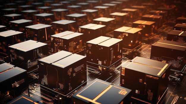 Foto gran grupo de cajas de cartón conectadas a microchips