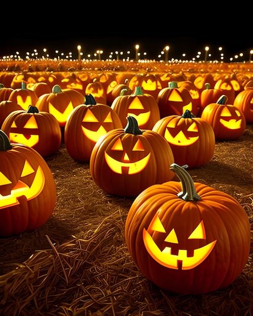 un gran grupo de calabazas está en un campo de heno.