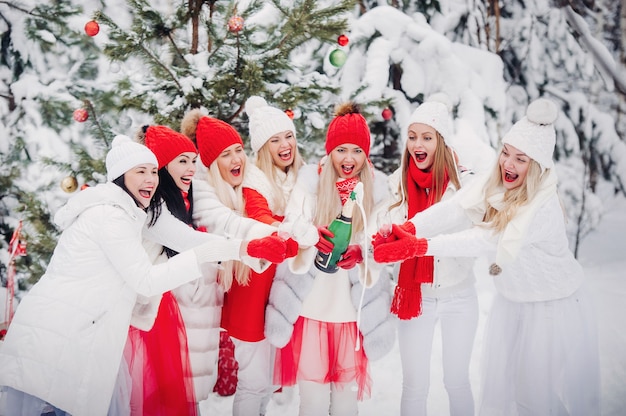 Un gran grupo de chicas con copas de champán en sus manos se encuentra en el bosque de invierno. Chicas en ropa roja y blanca con bebidas de año nuevo en un bosque cubierto de nieve.