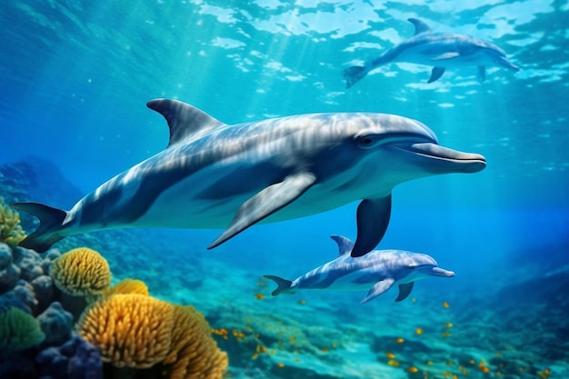 un gran grupo de delfines nadan bajo un arrecife de coral