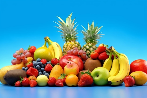 Un gran grupo de frutas que incluye plátanos, plátanos y fresas.