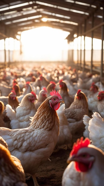 un gran grupo de gallinas en un granero