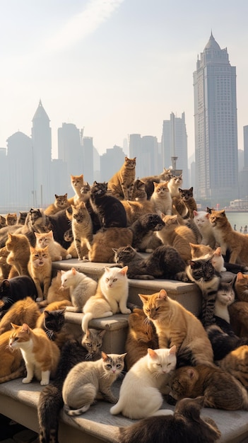 Foto un gran grupo de gatos están sentados en una pila de basura