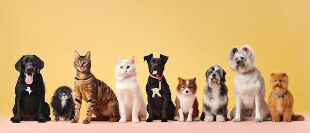 Gran grupo de gatos y perros mirando a la cámara con espacio de copia de fondo pastel a la izquierda