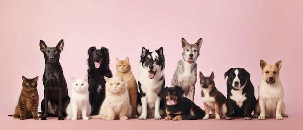 Gran grupo de gatos y perros mirando a la cámara con espacio de copia de fondo pastel a la izquierda