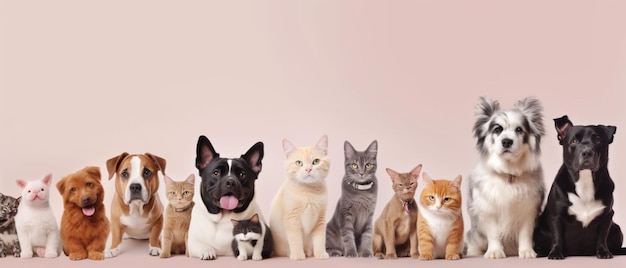 Gran grupo de gatos y perros mirando a la cámara con espacio de copia de fondo pastel a la izquierda