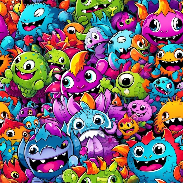 Un gran grupo de monstruos coloridos con grandes ojos y bocas generativas ai.