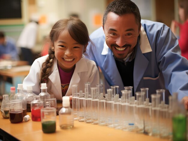 Un gran grupo de niños diversos con batas de laboratorio en clase de química mientras disfrutan de experimentos científicos