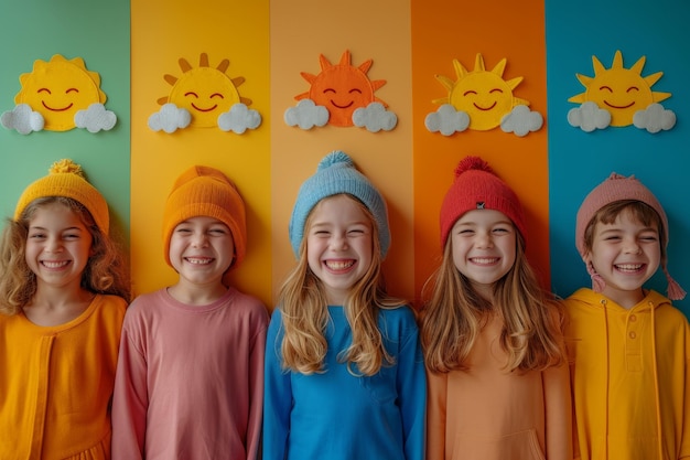 Un gran grupo de niños felices con ropa de colores en una pared de colores con emoticones