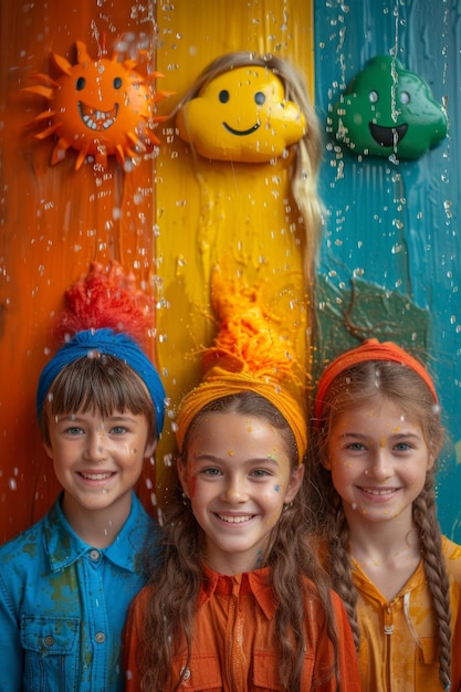 Un gran grupo de niños felices con ropa de colores en una pared de colores con emoticones