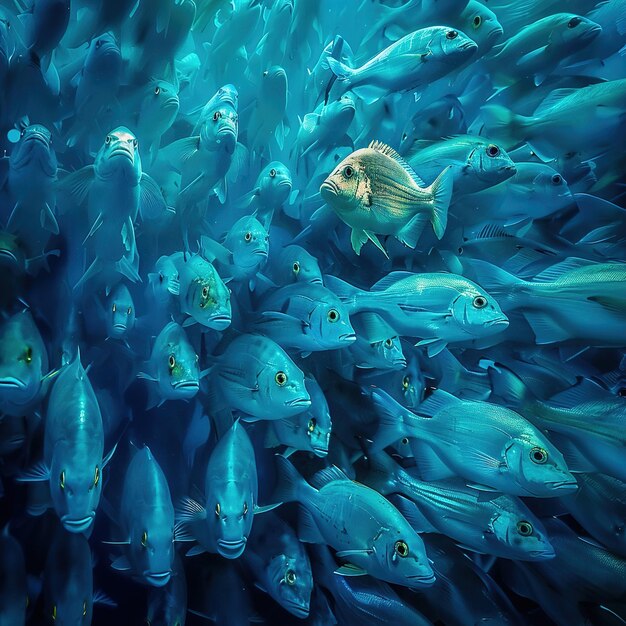 un gran grupo de peces están nadando en un gran tanque
