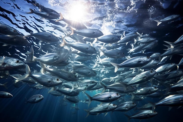 Un gran grupo de peces nadando en el océano.