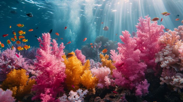 Un gran grupo de peces nadando sobre un colorido arrecife de coral Día de la Tierra
