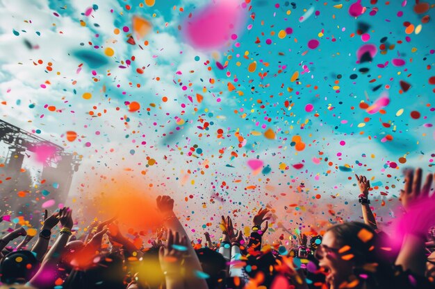Un gran grupo de personas aclama y baila de emoción mientras los coloridos confeti llenan el aire durante un concierto.