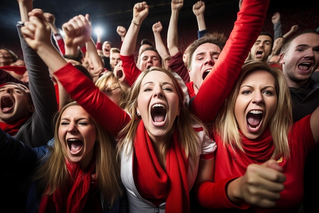 Un gran grupo de personas animando con los brazos en alto en una gran multitud de vítores en un gran estadio.