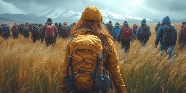 Un gran grupo de personas caminando por el campo