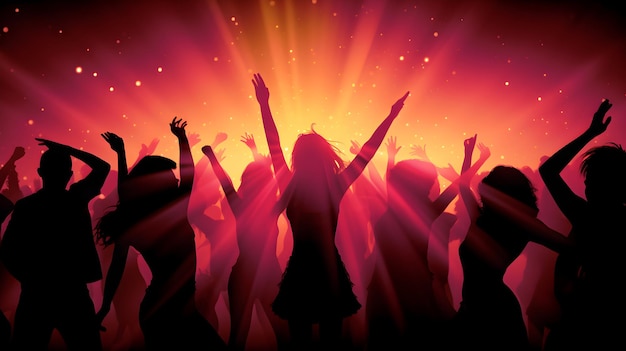 Gran grupo de personas en un club nocturno para disfrutar de la fiesta de Año Nuevo bajo las luces del escenario