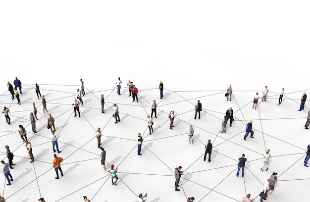 Gran grupo de personas diversas conectadas por líneas 3D Rendering persona.