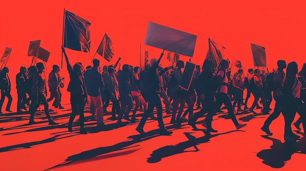 Un gran grupo de personas están marchando en protesta llevan carteles y banderas la imagen está en rojo y negro