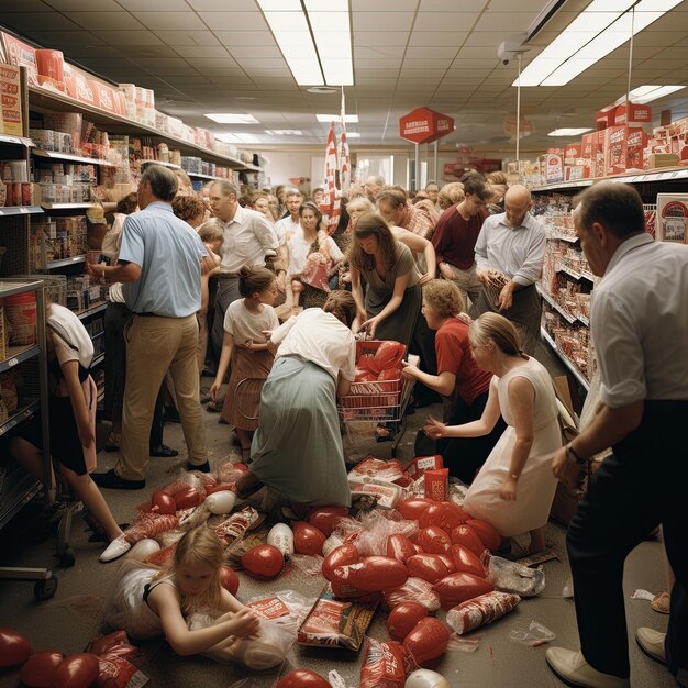 un gran grupo de personas están en una tienda con bolas rojas