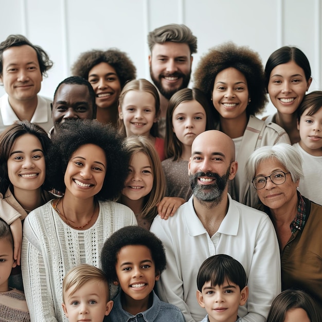 Gran grupo de personas multiétnicas y multigeneracionales felices