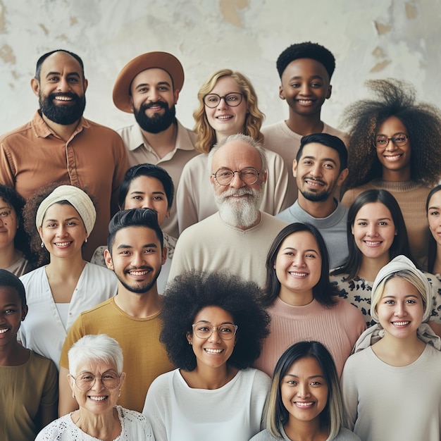 Gran grupo de personas multiétnicas y multigeneracionales felices