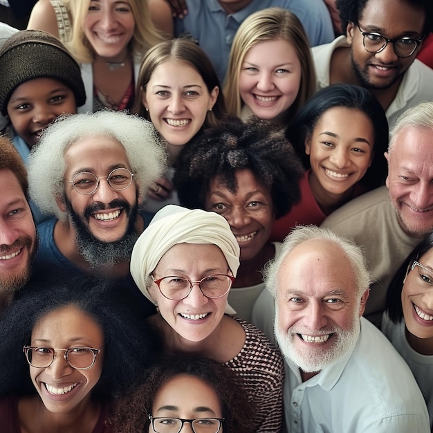 Gran grupo de personas multiétnicas y multigeneracionales felices