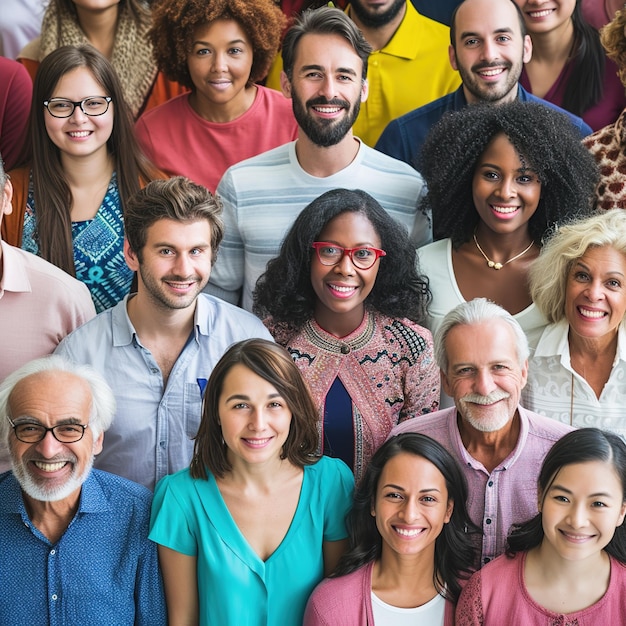 Gran grupo de personas multiétnicas y multigeneracionales felices