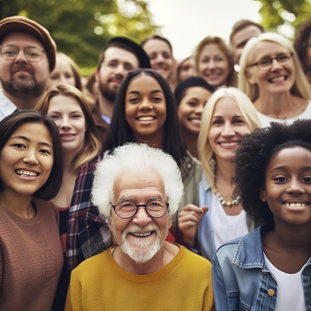 Gran grupo de personas multiétnicas y multigeneracionales felices