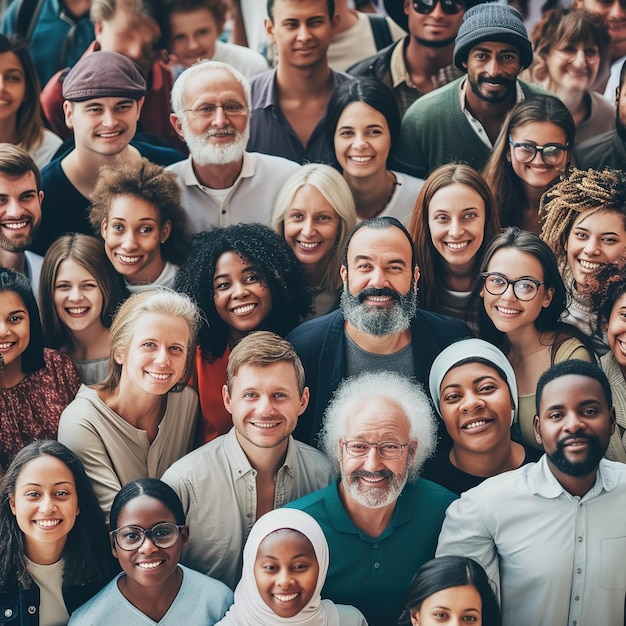 Gran grupo de personas multiétnicas y multigeneracionales felices