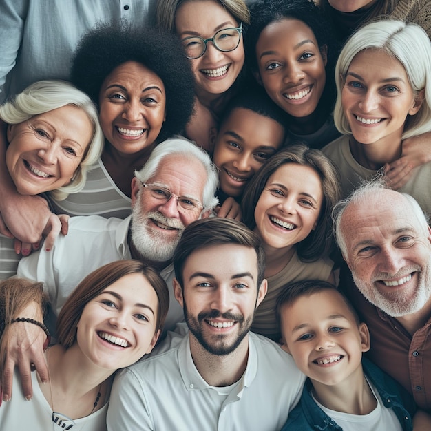 Gran grupo de personas multiétnicas y multigeneracionales felices