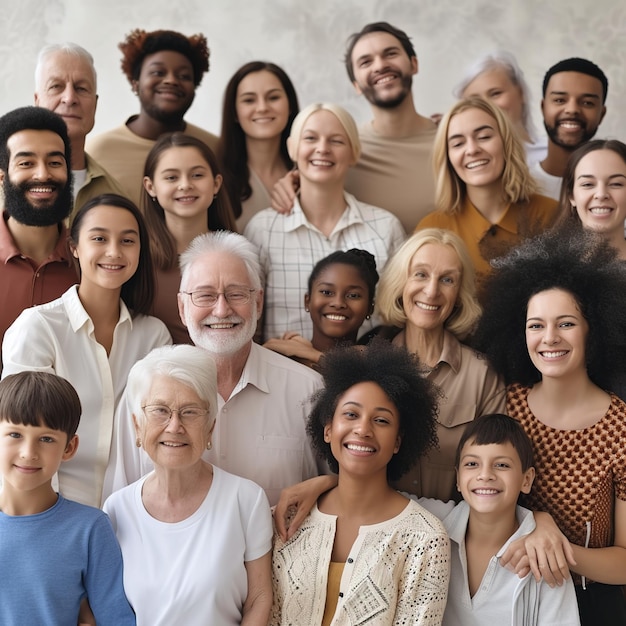 Gran grupo de personas multiétnicas y multigeneracionales felices