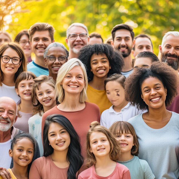 Gran grupo de personas multiétnicas y multigeneracionales felices