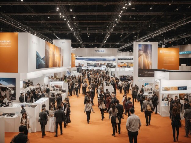 Un gran grupo de personas de pie alrededor de una sala de convenciones con alfombra naranja.