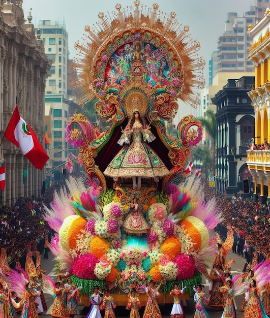 un gran grupo de personas se reúnen en un desfile con una estatua de una mujer en la parte superior