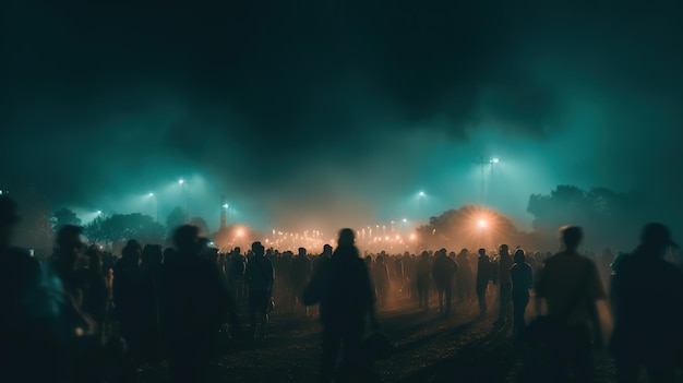 Un gran grupo de personas reunidas en medio de un campo por la noche.