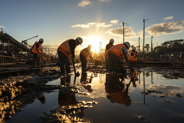 Un gran grupo de trabajadores trabajando juntos en el proyecto de construcción de una carretera Generado con IA