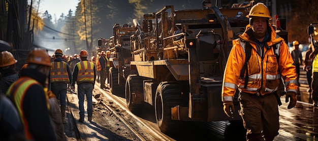 Un gran grupo de trabajadores trabajando juntos en el proyecto de construcción de una carretera Generado con IA