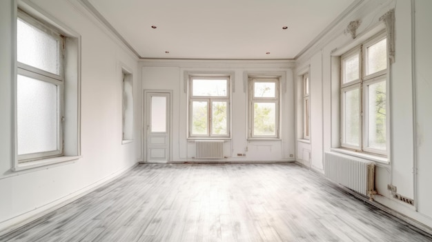Gran habitación de ático blanca y brillante con amplias ventanas y vista a la naturaleza Generative AI AIG27