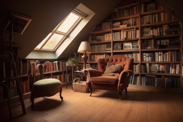 Gran habitación en el ático llena de libros y una silla cómoda que brinda refugio del mundo ajetreado