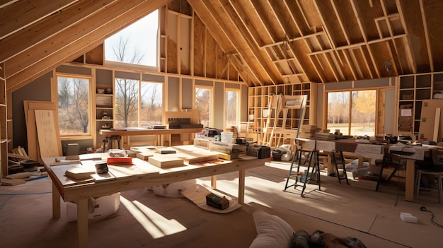 Una gran habitación en construcción con vigas de madera y grandes ventanas